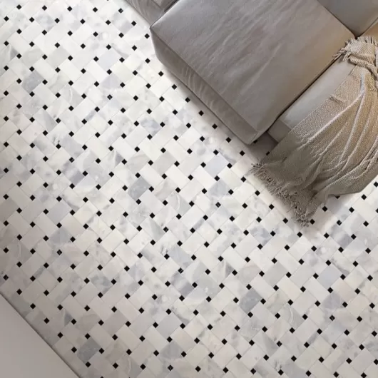 SANTORINI WHITE MARBLE BASKETWEAVE W/BLACK DOT .x. HONED MOSAIC  625505